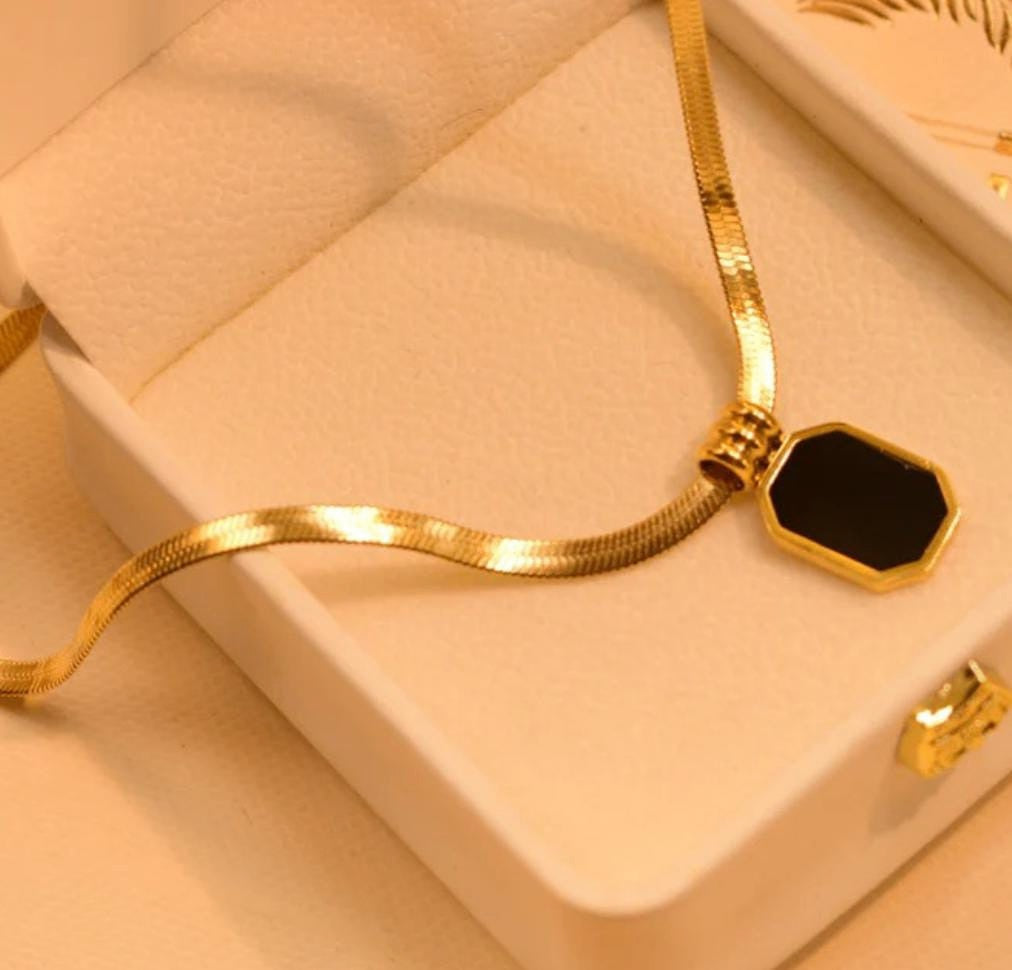 Black rectangle Snake Chain Necklace | Stainless Steel Gold Plated | Anti-tarnish Necklace | Daily wear | TE-GPC-0511-005