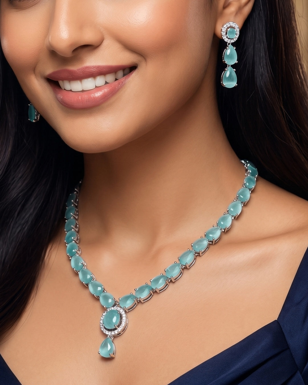 Pastel Green American Diamond Necklace & Earrings Set | Premium Quality | American Diamond | Party wear