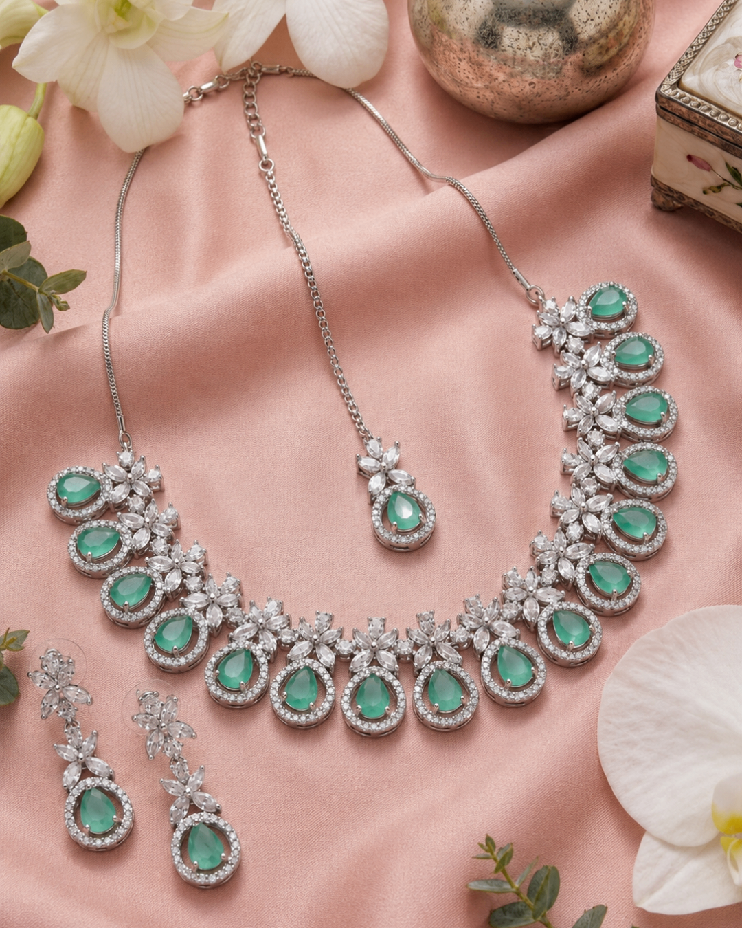 Mint Green Blossom American Diamond Necklace, Earrings and tikka Set | Premium Quality | American Diamond | Party wear