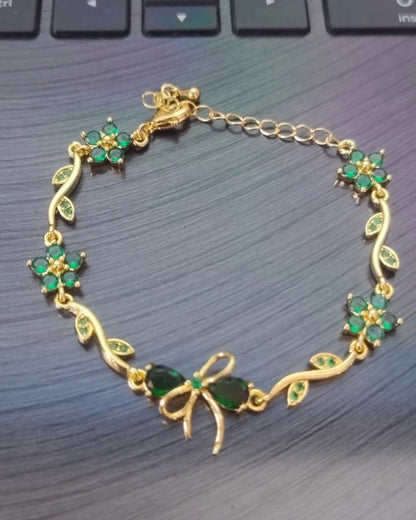 Emerald Green Bloom Gold Bracelet with Floral Vine & Bow Charm | Premium Quality | Cubic Zirconia