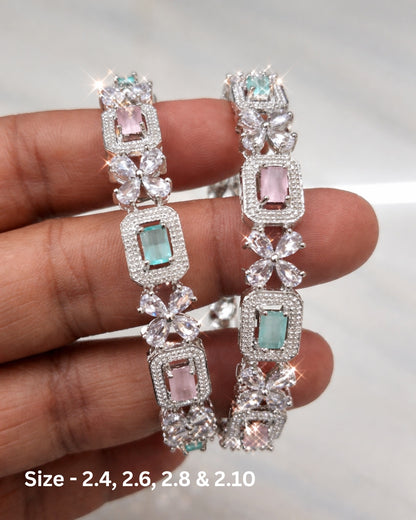 Rhodium Plated Pastel Green & pink Rectangle and Flower Zircon Stone Bangle (Set of 2) | Premium Quality | American Diamond | Party wear | TE-ADB-2212-009