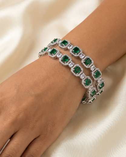 Luxury Emerald-Cut Green and White Stone Bangle(Set of 2) | American Diamond | Premium Quality