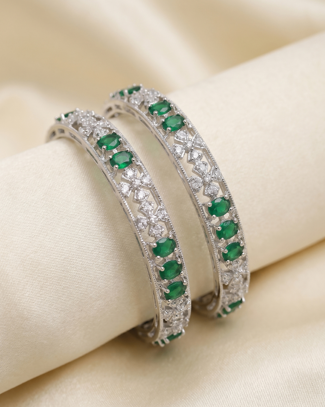 Rhodium Plated Emerald Green and White Stone Designer Silver Bangles(Set of 2) | Premium Quality | American Diamond | Party wear