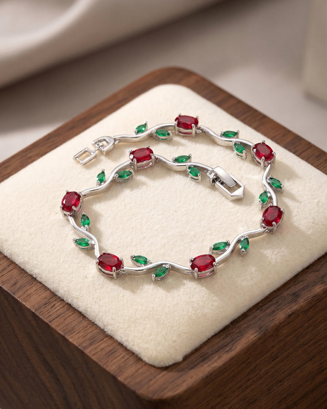 Silver Tone Tulip Bracelet with Red & Green Stones | Premium Quality | Cubic Zirconia
