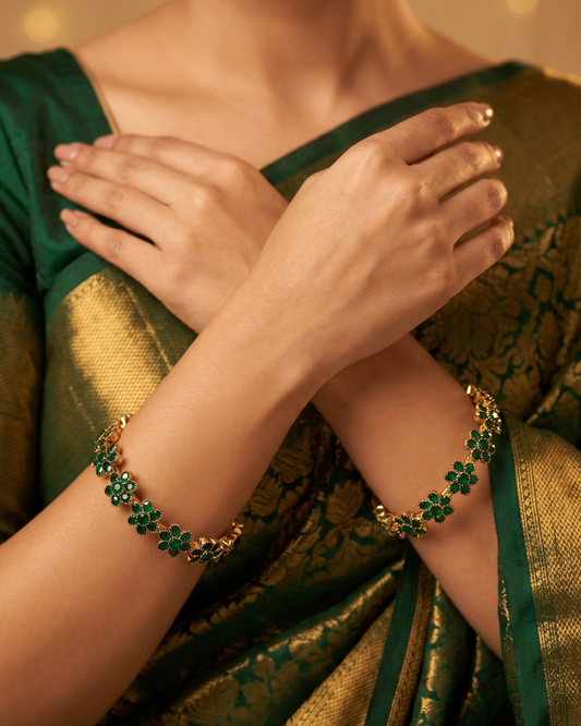 Emerald Green Bloom Floral Bangles (Set of 2) | Premium Quality | American Diamond | Party wear