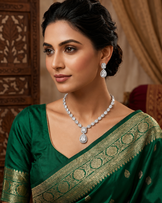 Emerald Grace American Diamond Teardrop Necklace Set | Premium Quality | American Diamond | Party wear