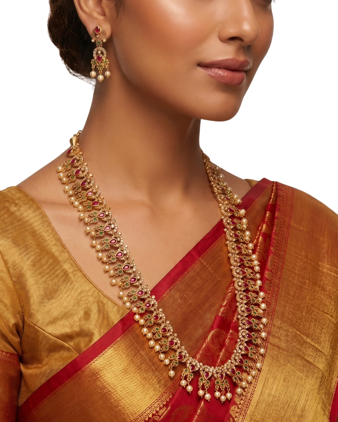 Premium Gold-Plated(Matte) Ethnic Necklace Set with Ruby & Pearl Drops