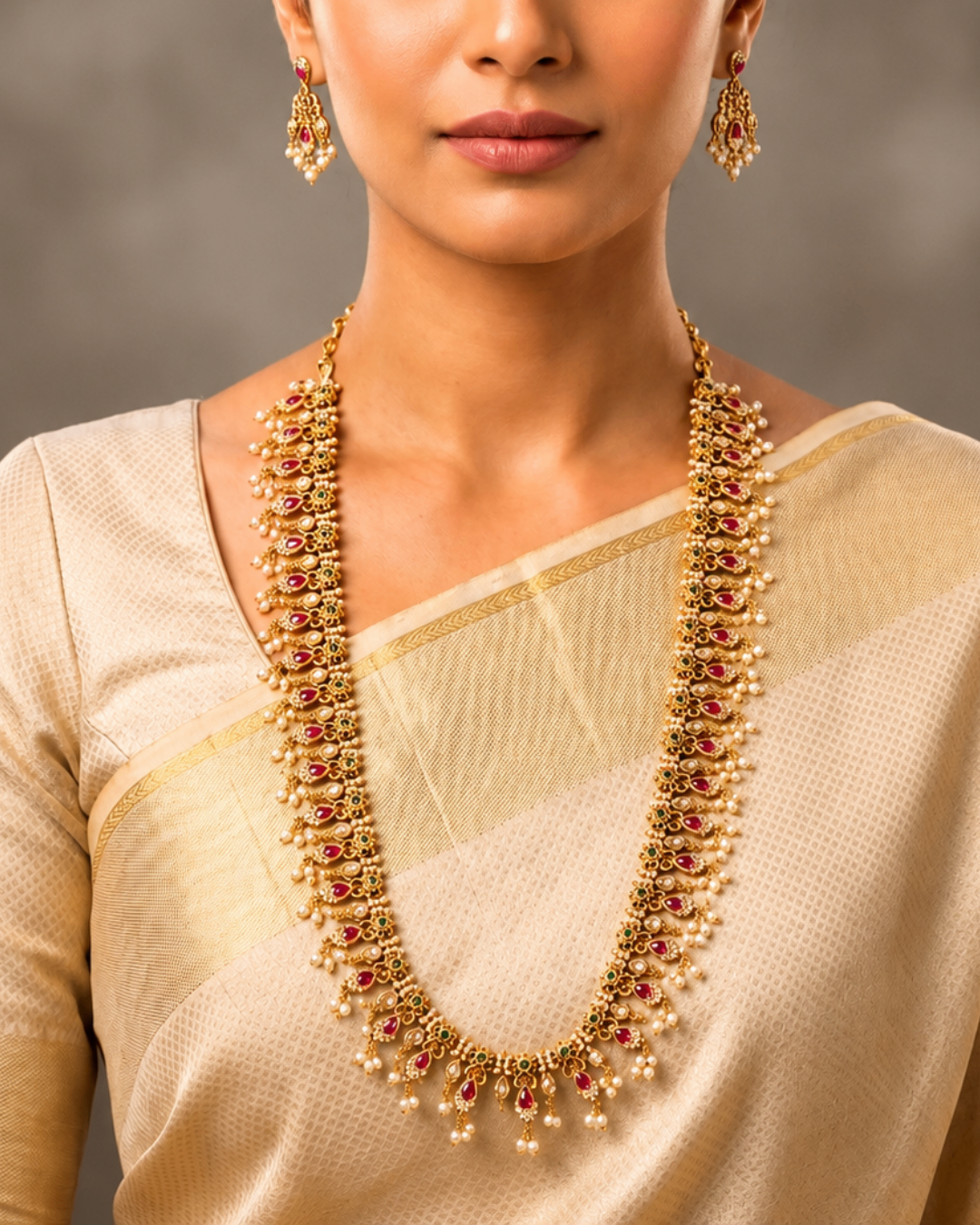 Royal Heritage Gold-Tone Long Haram Necklace Set with Pearl Drops