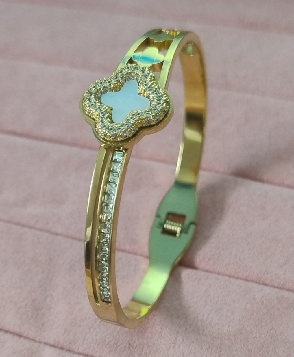 Golden Clover Luxe Zircon Bracelet | Stainless Steel Gold Plated | Women Anti-tarnish bracelet | Kada Bracelet