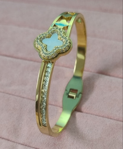 Golden Clover Luxe Zircon Bracelet | Stainless Steel Gold Plated | Women Anti-tarnish bracelet | Kada Bracelet