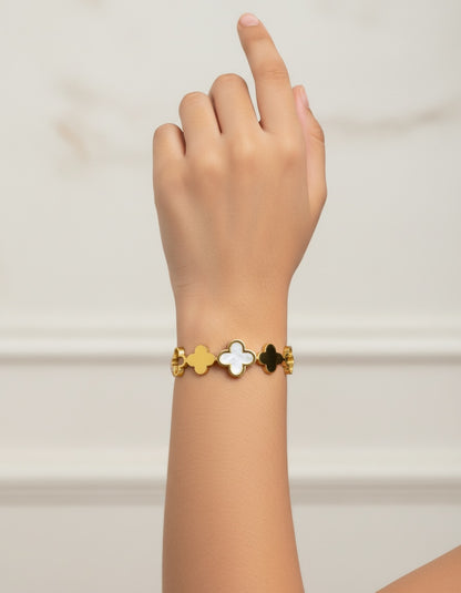 Elegant Gold Clover Bracelet with White Inlay | Stainless Steel Gold Plated | Anti-tarnish | Daily wear | TE-GPKB-2311-004