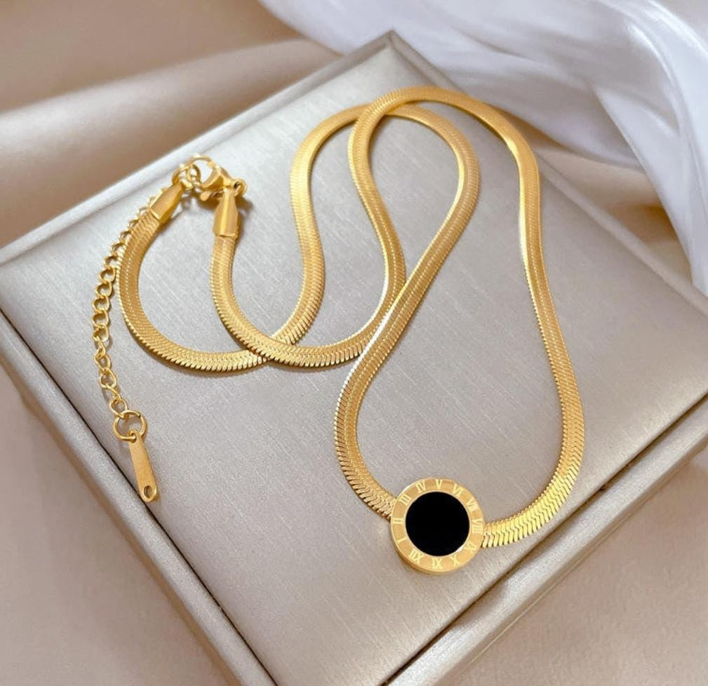 Round Roman Numeral Black Enamel Necklace | Stainless Steel Gold Plated | Anti-tarnish Necklace | Daily wear | TE-GPC-0511-009
