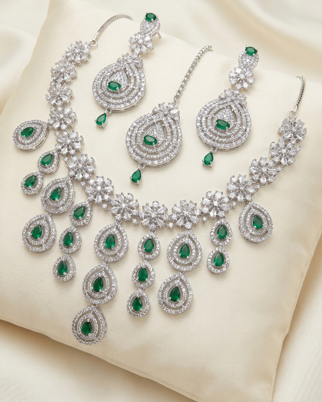 Emerald Royale Green Bridal Necklace Set with Earring & Maang Tikka | Premium Quality | American Diamond | Party wear