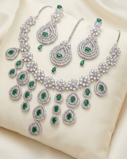 Emerald Royale Green Bridal Necklace Set with Earring & Maang Tikka | Premium Quality | American Diamond | Party wear