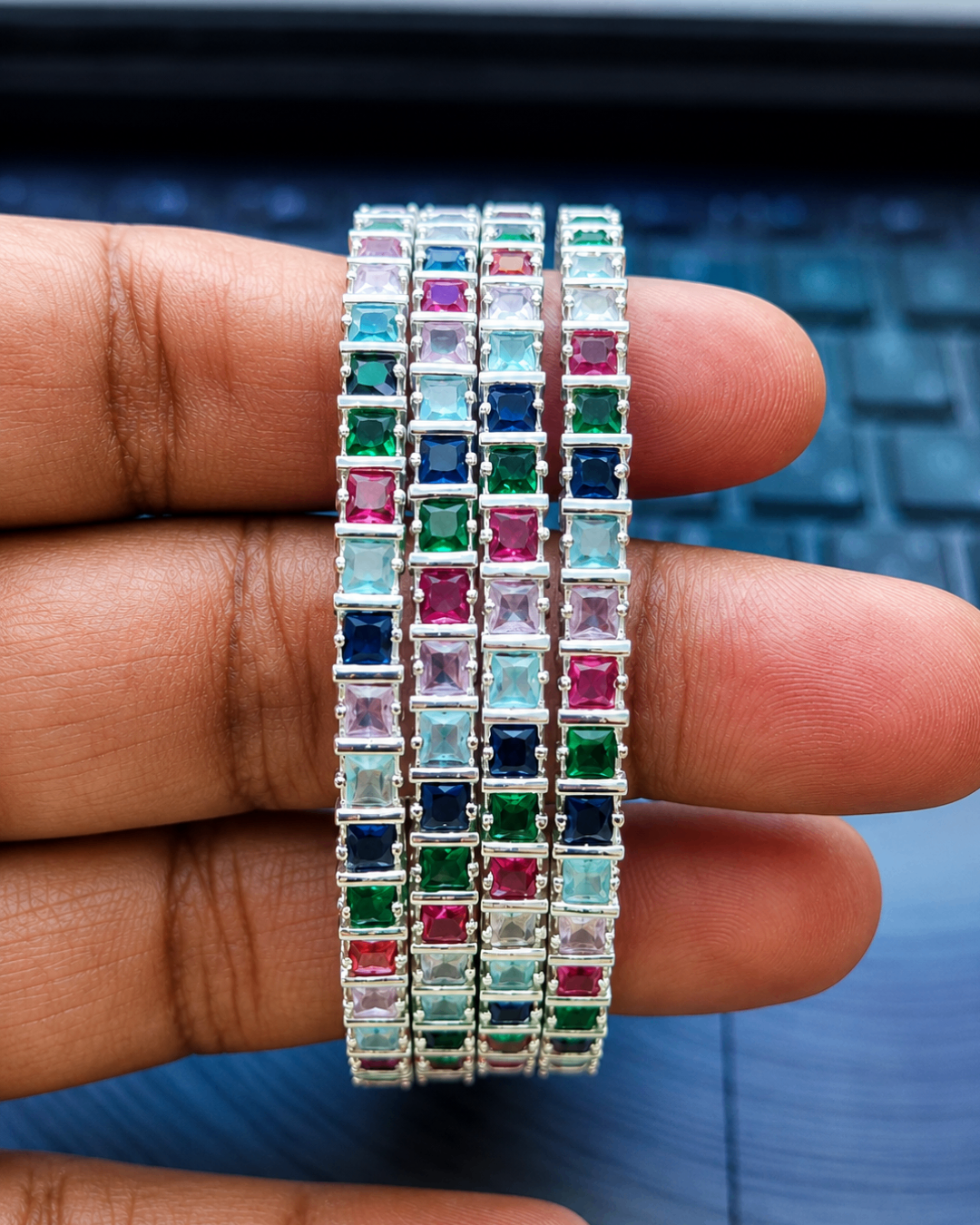 Elegant Multicolor Princess Cut Zircon Bangles Set of 4 | Premium Quality | CZ stone Bangles | American Diamond