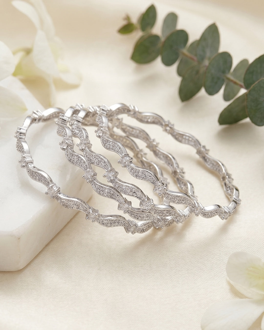 Elegant Rhodium Plated Wave Zircon Designer Bangles Set of 4 | Premium Quality | CZ stone Bangles | American Diamond