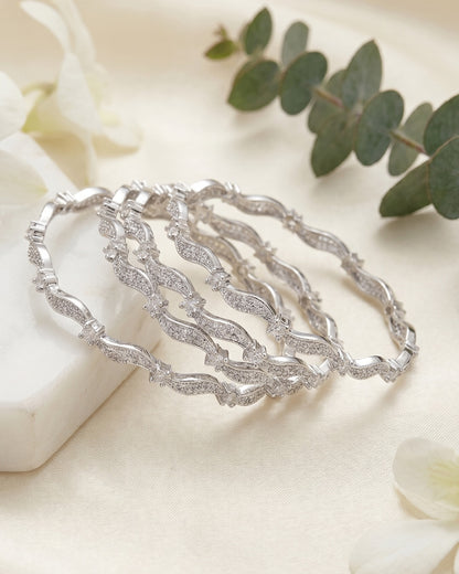 Elegant Rhodium Plated Wave Zircon Designer Bangles Set of 4 | Premium Quality | CZ stone Bangles | American Diamond