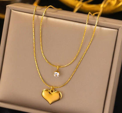 Two layer heart and stone necklace | Stainless Steel Gold Plated | Anti-tarnish Necklace | Daily wear | TE-GPC-0511-027