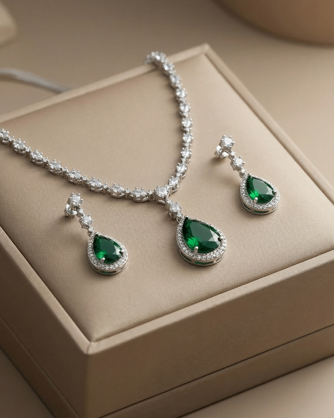 Emerald Green Teardrop American Diamond Necklace Set with Earrings | Premium Quality | American Diamond | Party wear | TE-ADNE-2212-009