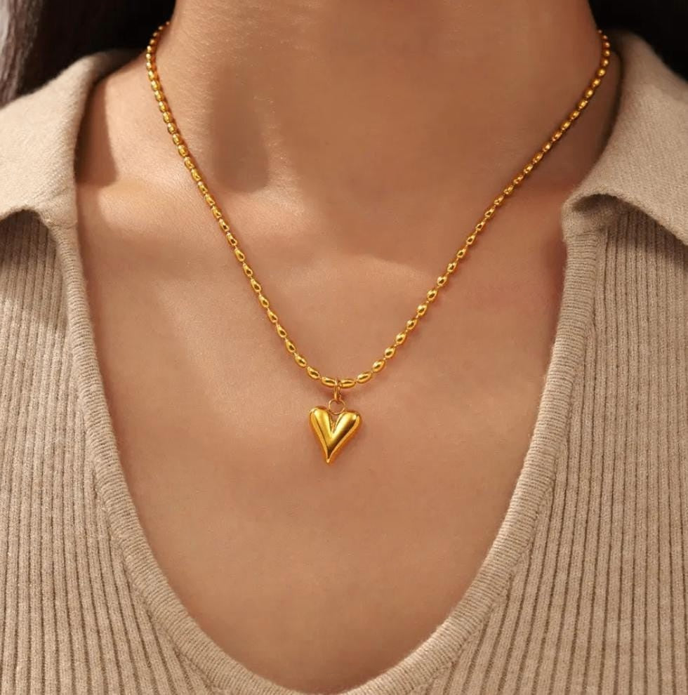 Heart Pendant Beads Necklace | Stainless Steel Gold Plated | Anti-tarnish Necklace | Daily wear | TE-GPC-0511-013