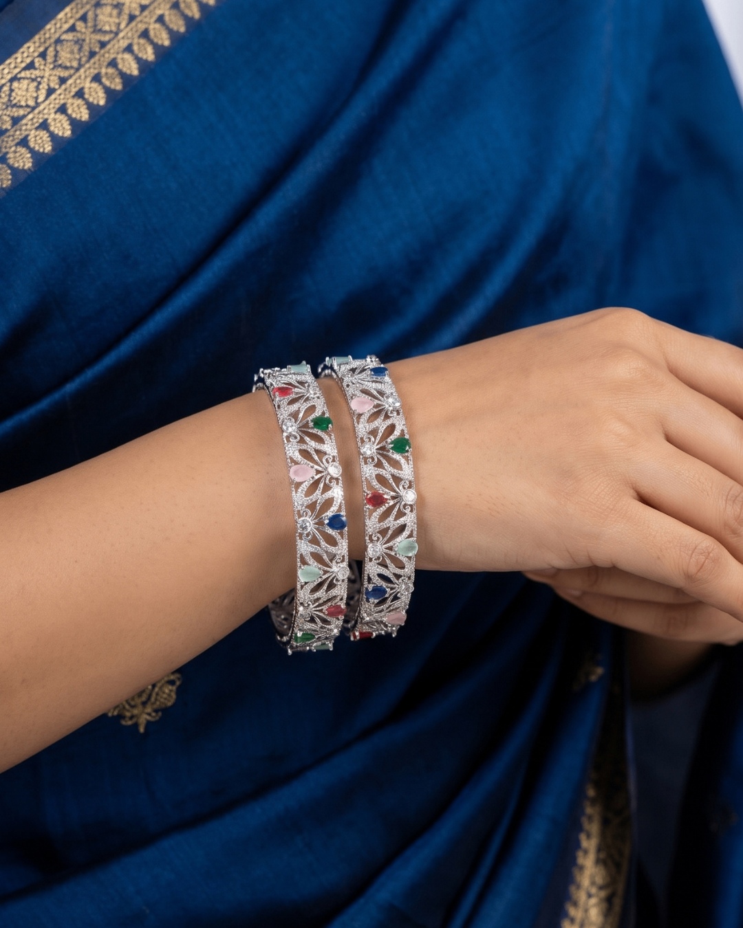 Rhodium Plated Celestia Bloom Multicolor Stone Bangles (Set of 2) | Premium Quality | American Diamond | Party wear