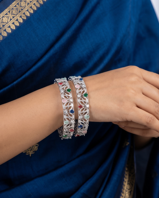 Rhodium Plated Celestia Bloom Multicolor Stone Bangles (Set of 2) | Premium Quality | American Diamond | Party wear