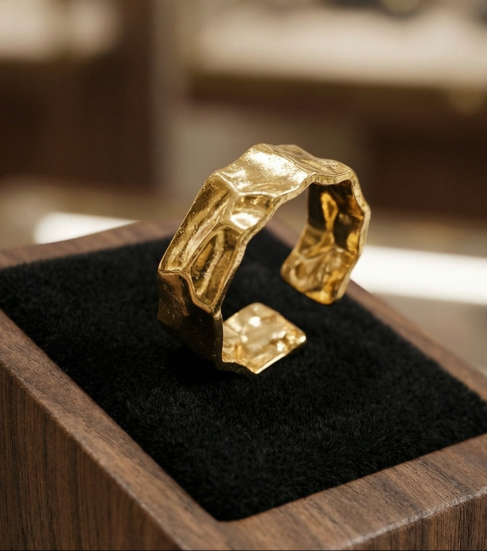 Gold Plated Hammered Adjustable Statement Ring | Premium Quality | Elegant Women's Jewelry | Stainless Steel Gold Plated | Anti-tarnish | Daily wear | TE-GPFR-0612-005
