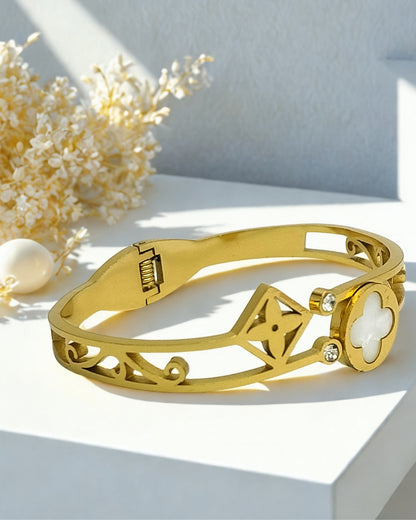 Clover White Pearl finish and Zircon Stone Bracelet | Premium Quality | Elegant Kids Jewelry | Stainless Steel Gold Plated | Anti-tarnish | Daily wear | TE-GPKB-2311-002
