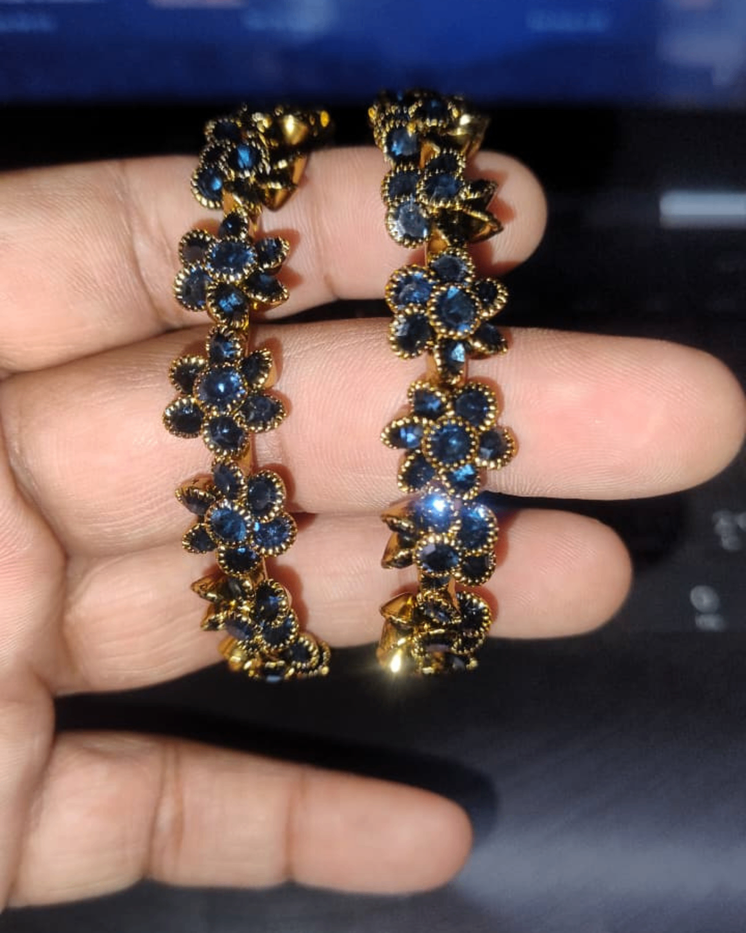 Midnight Sapphire Blue Floral Bangles (Set of 2) | Premium Quality | American Diamond | Party wear
