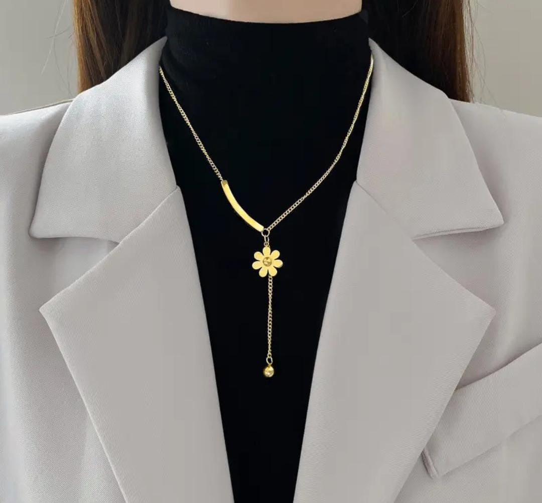 Flower Drop Necklace | Stainless Steel Gold Plated | Anti-tarnish Necklace | Daily wear | TE-GPC-0511-003