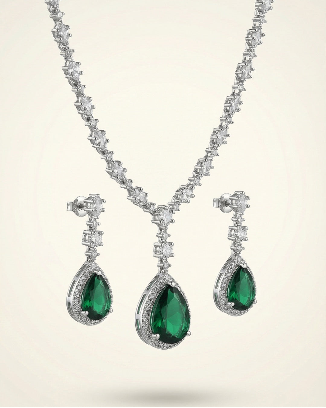 Emerald Green Teardrop American Diamond Necklace Set with Earrings | Premium Quality | American Diamond | Party wear | TE-ADNE-2212-009