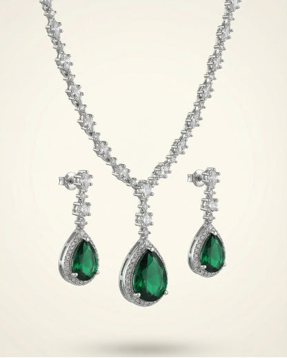 Emerald Green Teardrop American Diamond Necklace Set with Earrings | Premium Quality | American Diamond | Party wear | TE-ADNE-2212-009