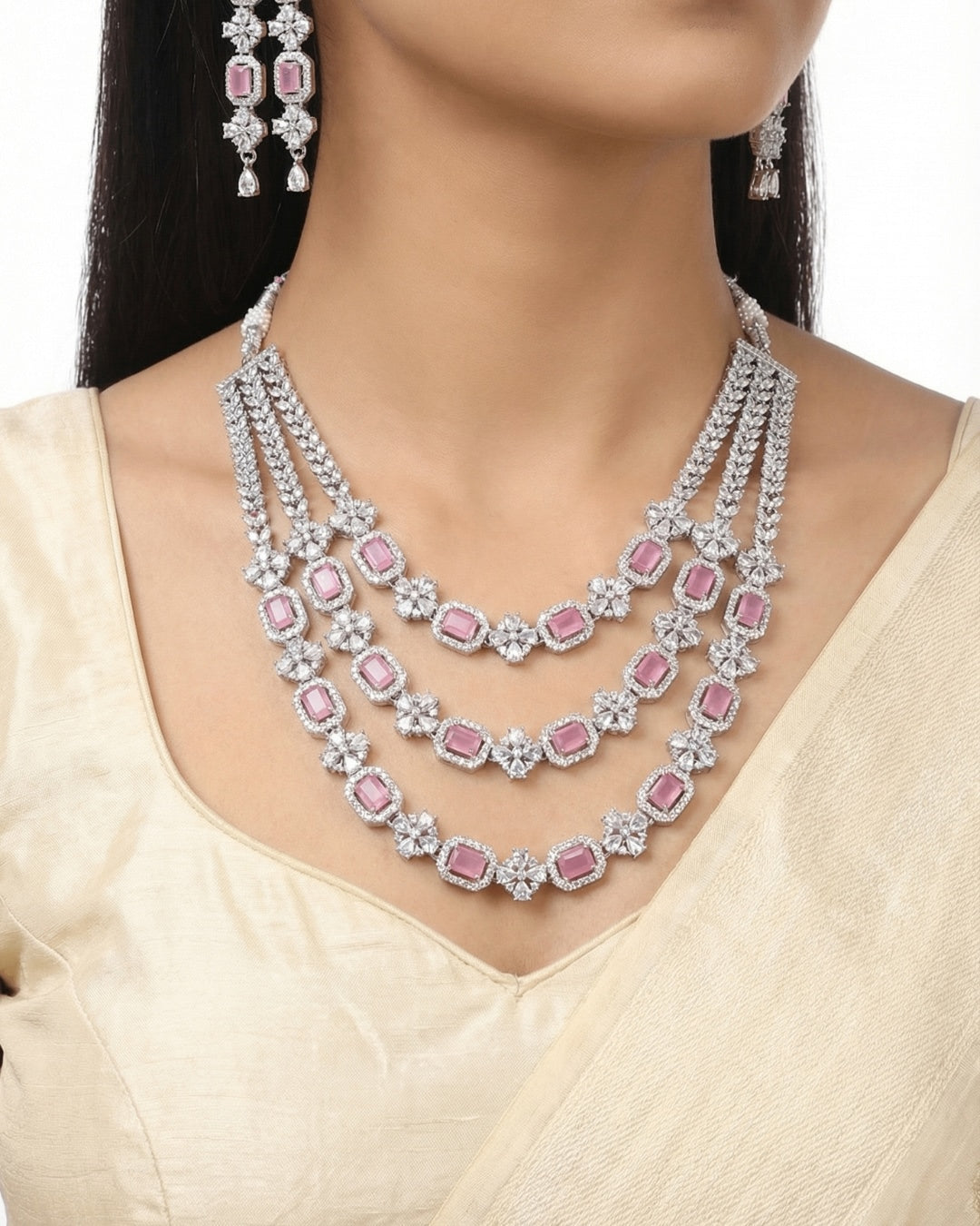 Luxury Pink Gemstone Diamond Necklace Set with Earrings | Premium Quality | American Diamond | Party wear | TE-ADNE-2212-003