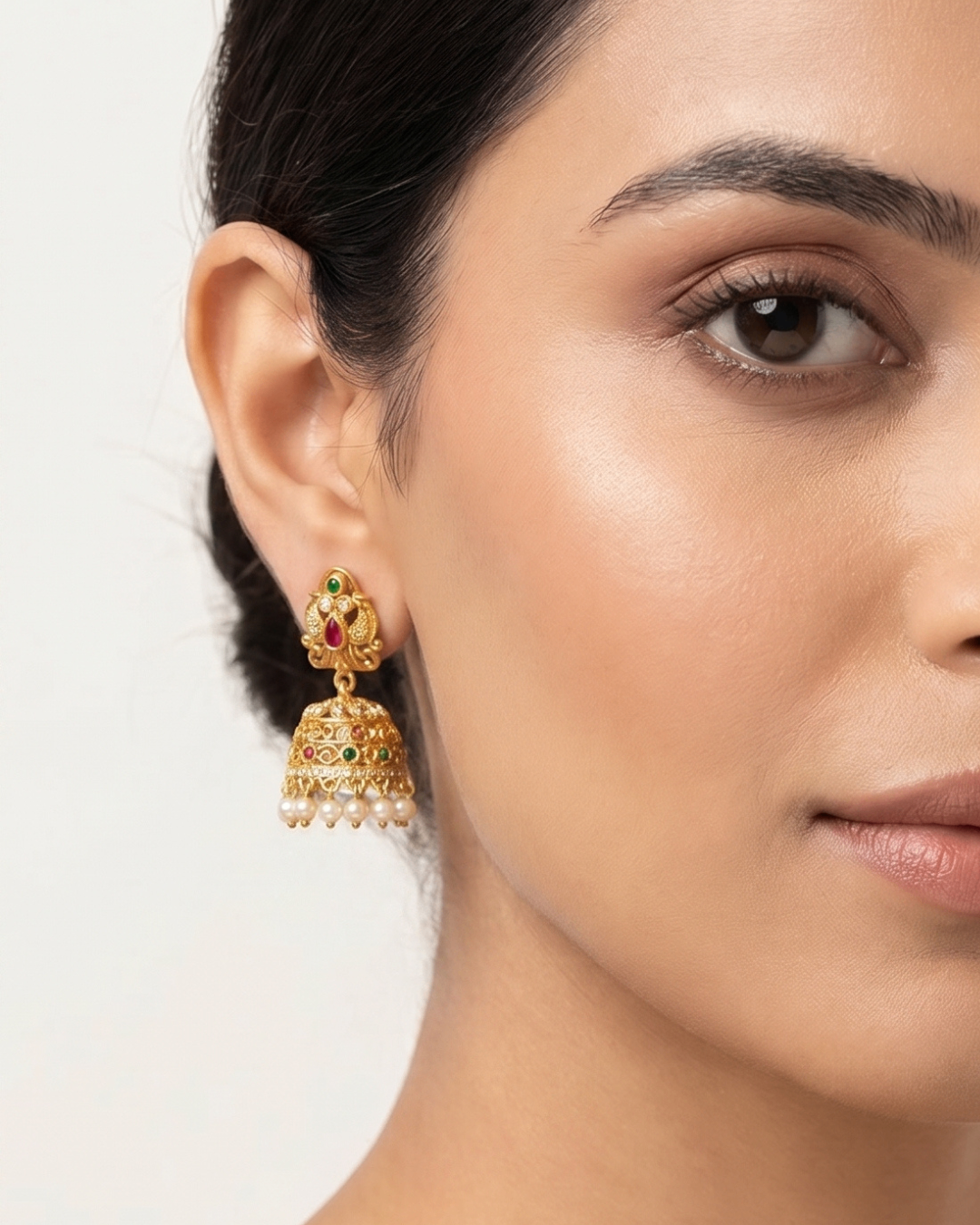 Antique Gold(Matte) Jhumka Earrings with Ruby, Green Stones & Pearl Drops