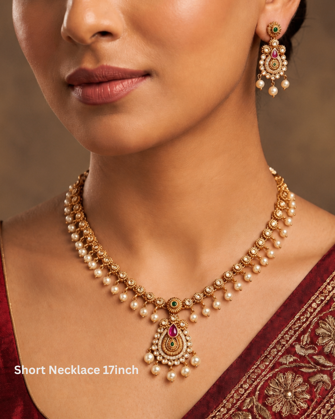 Traditional Gold-Tone(Matte Finish) Necklace Set with Ruby, Green Stones & Pearl Drops