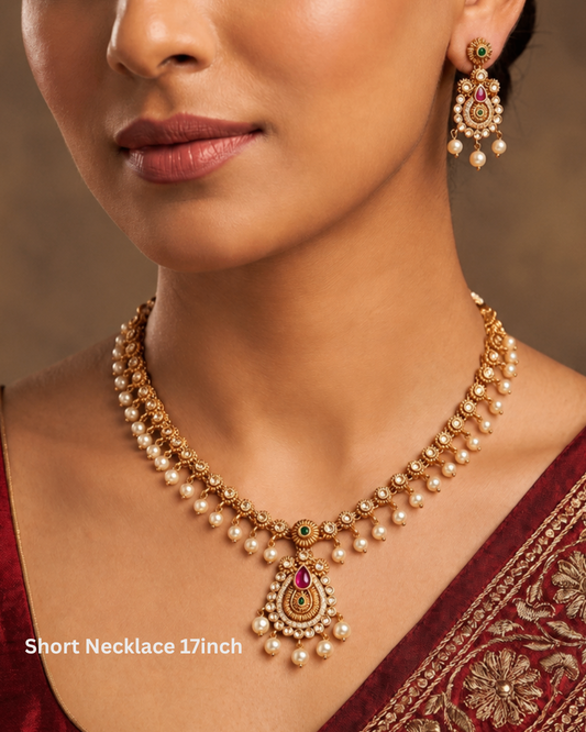Traditional Gold-Tone(Matte Finish) Necklace Set with Ruby, Green Stones & Pearl Drops