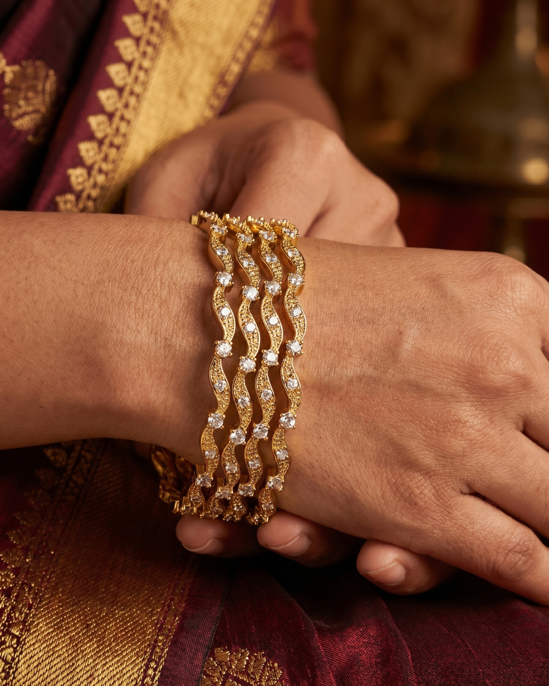 Elegant Gold(Mehandi) Wave Zircon Designer Bangles Set of 4 | Premium Quality | CZ stone Bangles | American Diamond