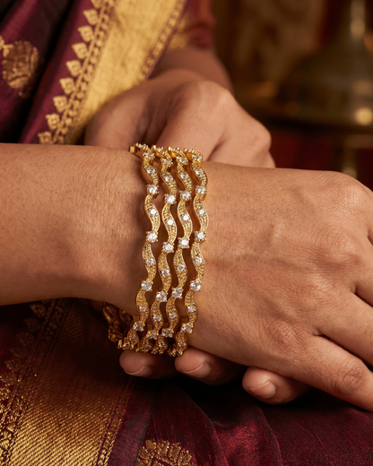 Elegant Gold(Mehandi) Wave Zircon Designer Bangles Set of 4 | Premium Quality | CZ stone Bangles | American Diamond