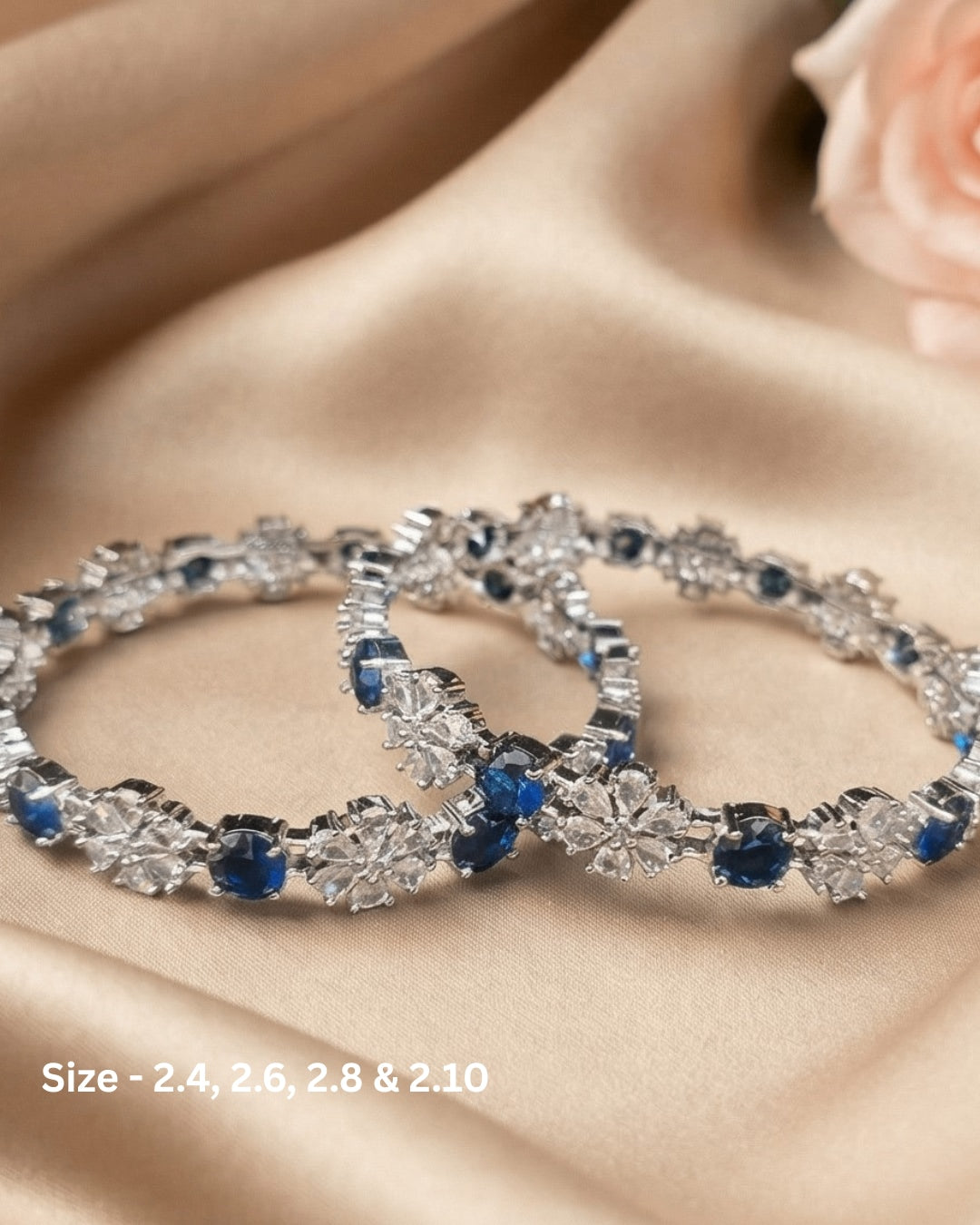 Rhodium Plated Blue Color Circle and Flower Zircon Stone Bangle (Set of 2) | Premium Quality | American Diamond | Party wear | TE-ADB-2212-007