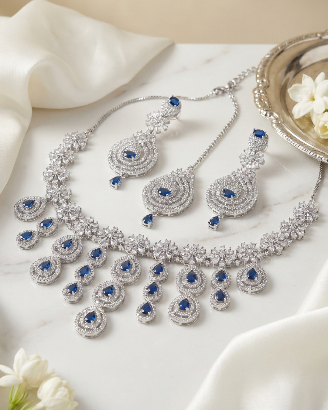 Royal Sapphire Bridal Necklace Set with Maang Tikka | Premium Quality | American Diamond | Party wear