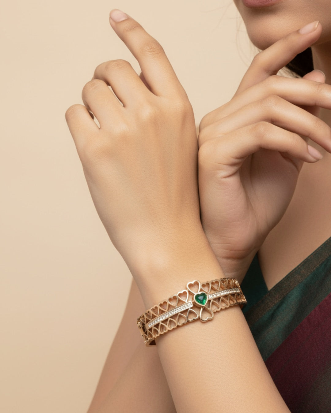 Elegant Heart Pattern Rose Gold Kada Bracelet with Green Stone | Stainless Steel Gold Plated | Women Anti-tarnish bracelet | Kada Bracelet | TE/GPK/2511/010