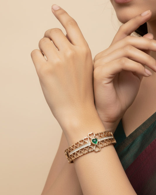 Elegant Heart Pattern Rose Gold Kada Bracelet with Green Stone | Stainless Steel Gold Plated | Women Anti-tarnish bracelet | Kada Bracelet | TE/GPK/2511/010