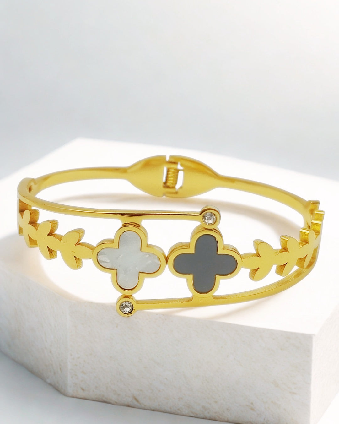 Black and White Clover | Stainless Steel Gold Plated | Women Anti-tarnish bracelet | Kada Bracelet | TE/GPK/2511/007