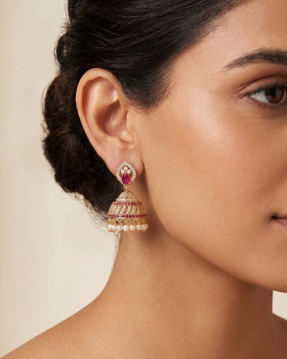 Premium Ruby Stone & Pearl Jhumka Earrings