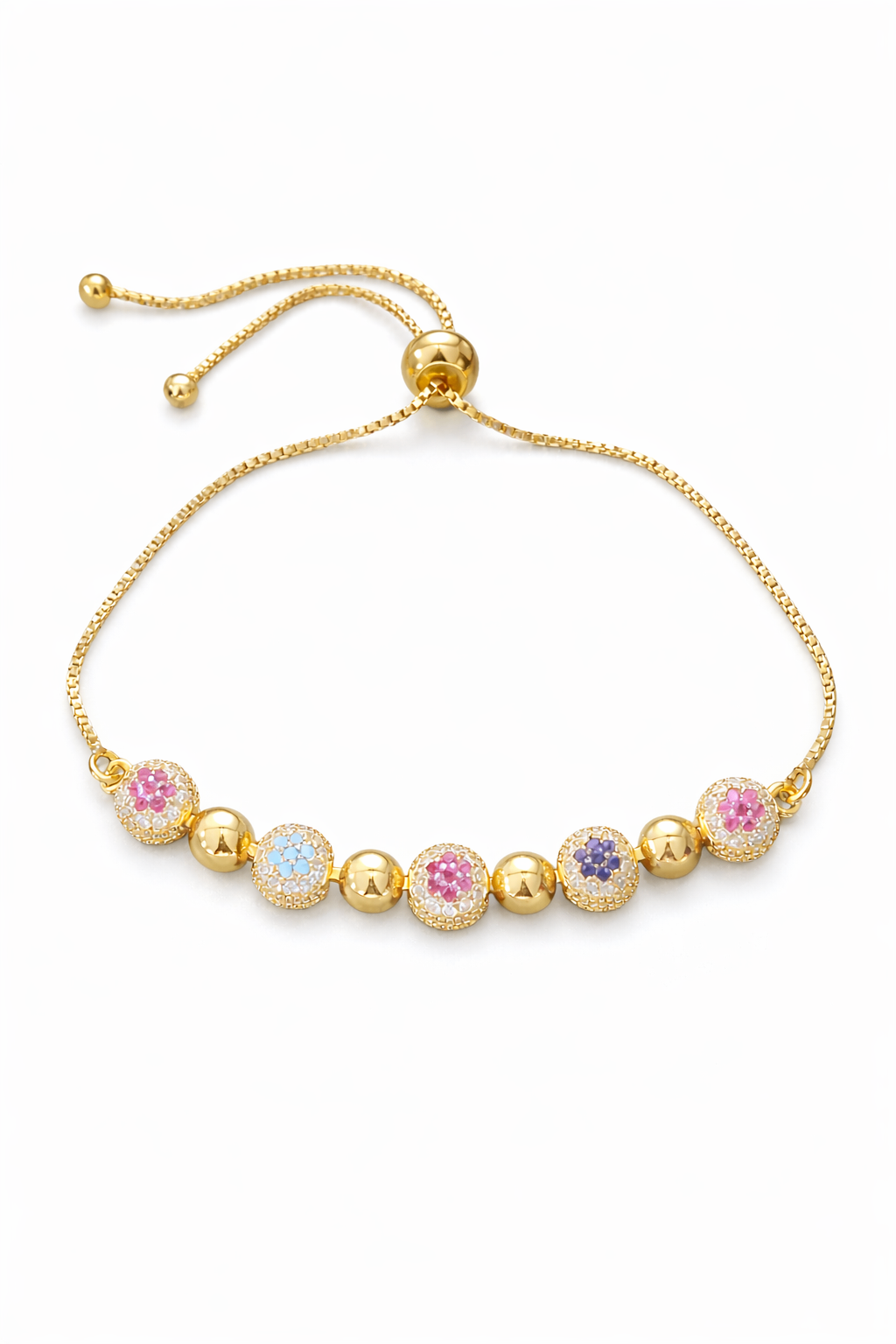 Multicolor Cubic Zirconia Stone Charm Adjustable Gold Bracelet