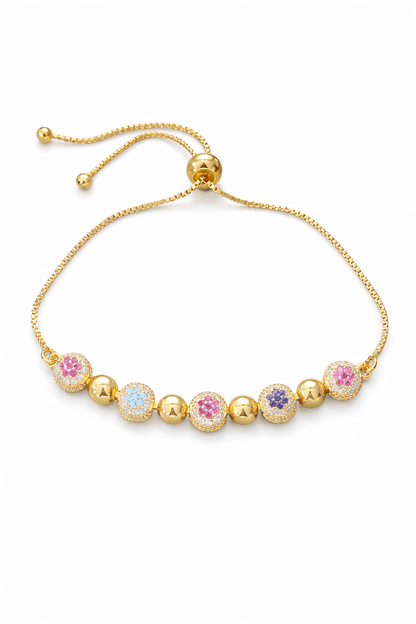 Multicolor Cubic Zirconia Stone Charm Adjustable Gold Bracelet