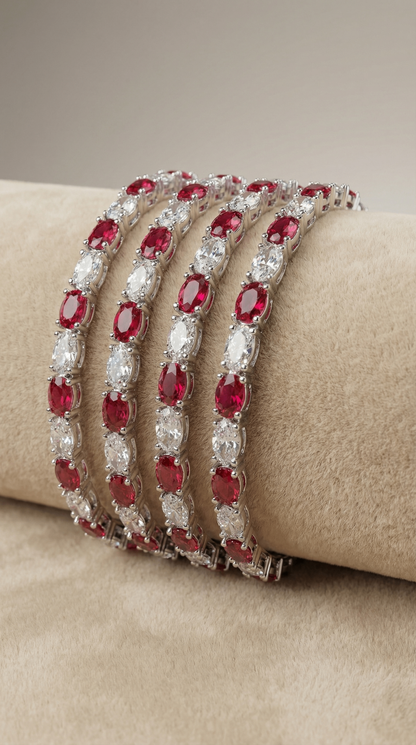 Elegant Rhodium plated Set of 4 Ruby and white CZ stone Bangles | American Diamond