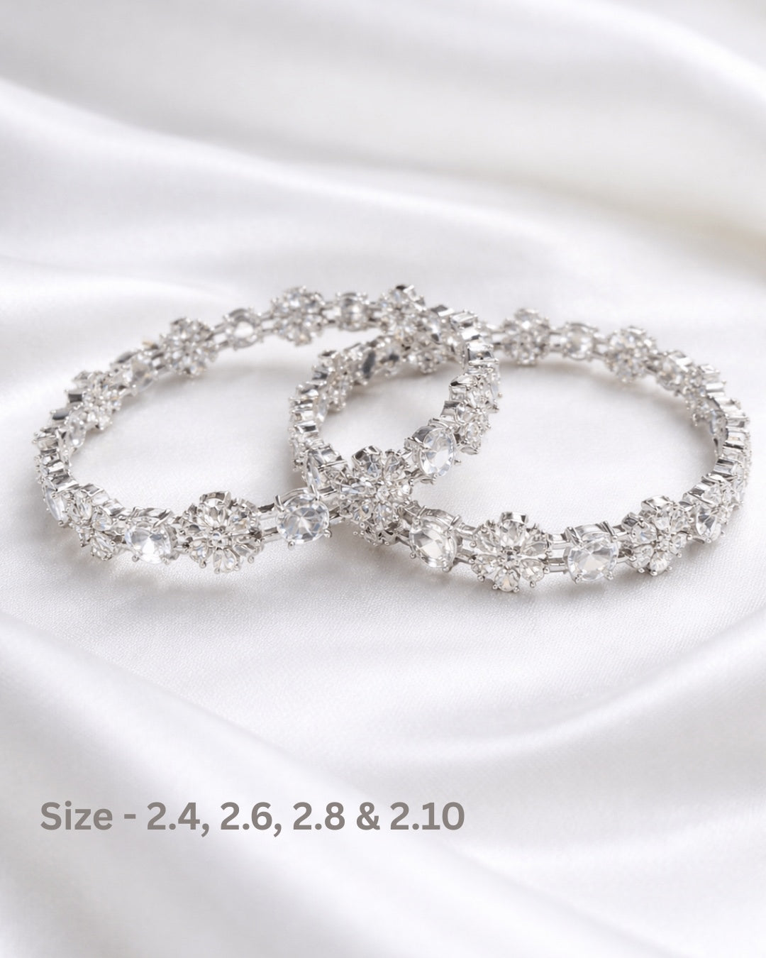 Rhodium Plated White Color Circle and Flower Zircon Stone Bangle (Set of 2) | Premium Quality | American Diamond | Party wear | TE-ADB-2212-008