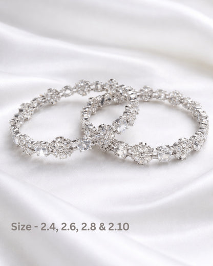 Rhodium Plated White Color Circle and Flower Zircon Stone Bangle (Set of 2) | Premium Quality | American Diamond | Party wear | TE-ADB-2212-008