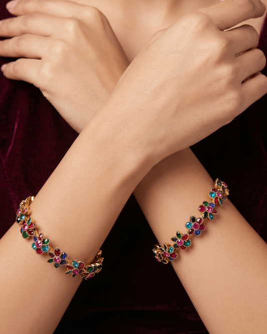 Rainbow Bloom Floral Bangles (Set of 2) | Premium Quality | American Diamond | Party wear
